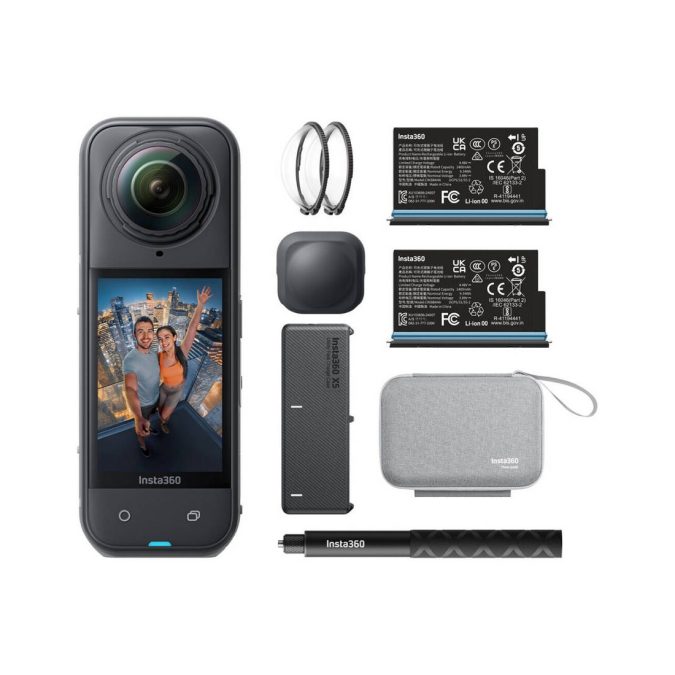 Экшн-камера, Insta360, X5 Essentials Bundle, 215 г, 360° dual-lens, 8K/30fps, 5.7K+/30fps, 4K/120fps, 1/1.28", f/2.0, ISO 100–6400, 200 Мбит/с, PureVideo, расширенный комплект аксессуаров, до 208 мин, черный