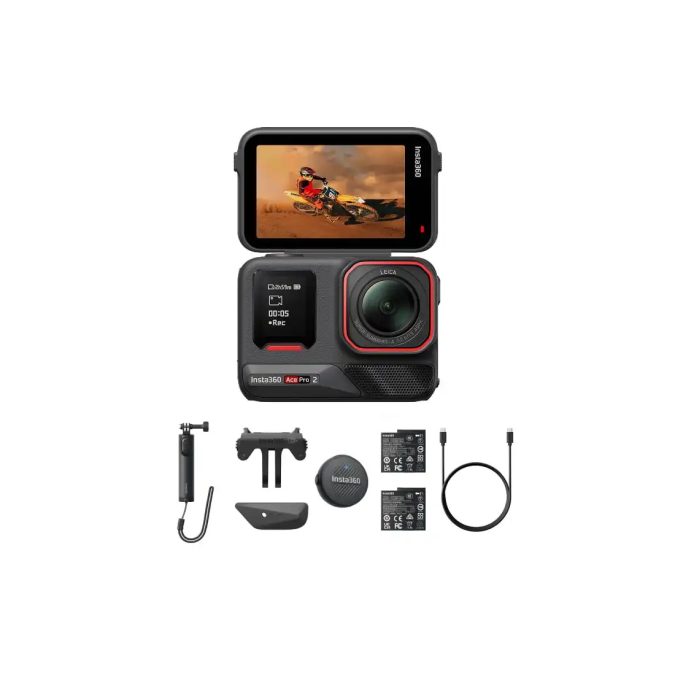 Экшн-камера, Insta360, Ace Pro 2 Action Camera Battery Bundle, 177.2 г, широкоугольная Leica, 8K/30fps, 4K/120fps, 1/1.3", f/2.6, 5nm AI-чип, PureVideo, два аккумулятора 1800 мАч в комплекте, до 180 мин, черный