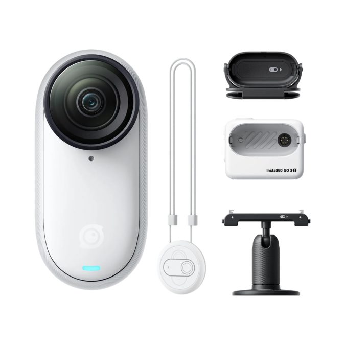 Экшн-камера, Insta360, GO 3S Standard Bundle 128 Gb, 39.1 г (модуль) / 96.3 г (Action Pod), широкоугольная, 4K/30fps, 2.7K/30fps, 1080p/120fps, f/2.8, ISO 100–3200, 128 Гб встроенной памяти, до 140 мин (с Action Pod), белый