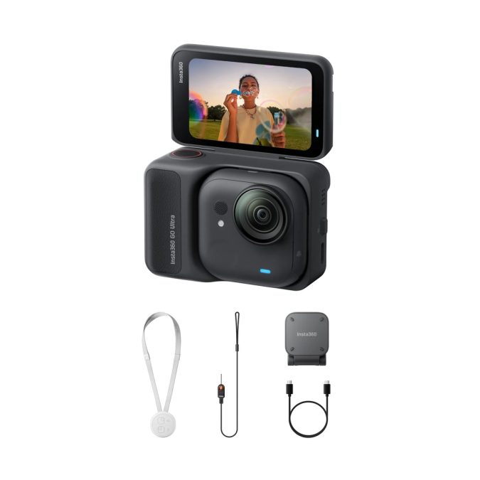 Экшн-камера, Insta360, GO Ultra черный, 45 г (модуль), широкоугольная, 4K/60fps, 2.7K/100fps, 1/1.8", f/2.0, AI-чип, встроенная память, магнитное крепление, водонепроницаемость до 10 м, черный