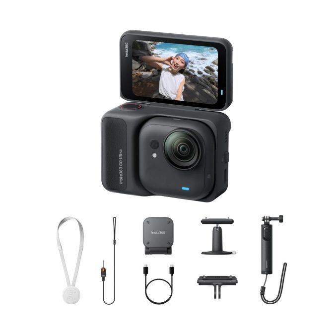 Экшн-камера, Insta360, GO Ultra Creator Bundle черный, 45 г (модуль), широкоугольная, 4K/60fps, 2.7K/100fps, 1/1.8", f/2.0, расширенный комплект для блогеров (крепления, мини-штатив), черный