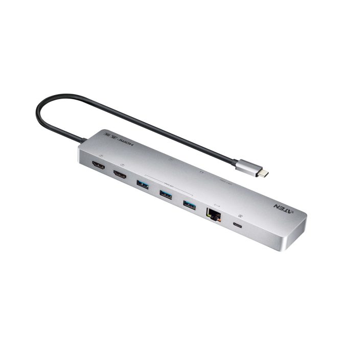 Док-станция, ATEN, UH3240-AT, USB-C 3.2 Gen 1, 11-в-1, 2HDMI, 3USB Type-A, 2USB-C, RJ-45, SD/microSD, аудио 3,5 мм, Power Delivery до 100 Вт