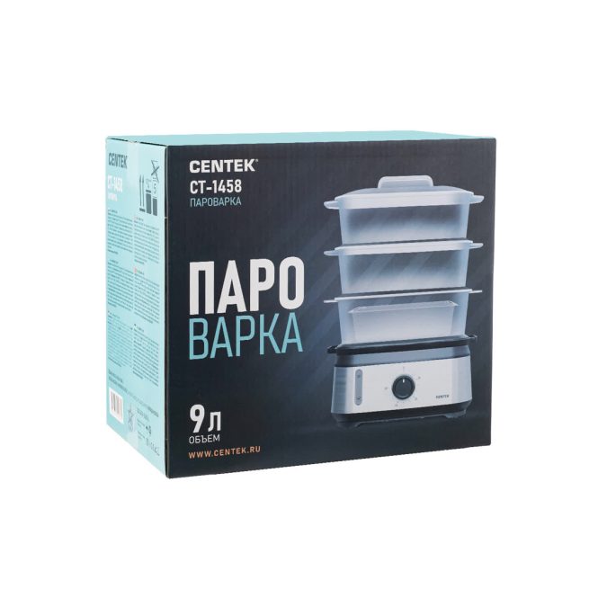 Пароварка, Centek, CT-1458, Объём 9л, Мощность 1050 Вт, Стальной корпус, Таймер 60 мин, 3 контейнера, Чаша для риса
